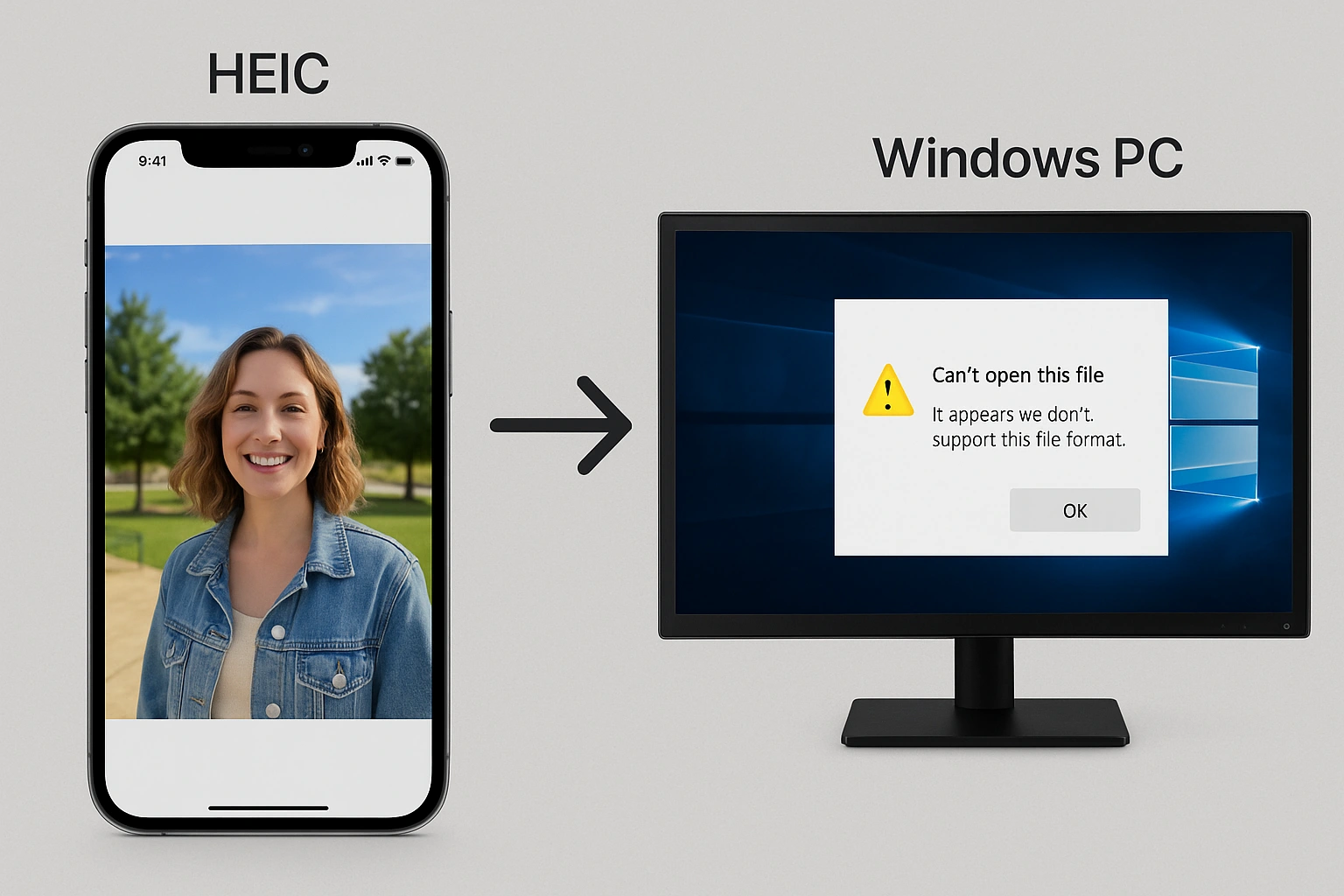 iPhone HEIC file compatibility issue with Windows computer showing error message and conversion solutions